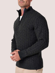 Charcoal cable knit quarter-zip jumper in Merino wool and cashmere, with Kenyan Kikoy trim inside the collar