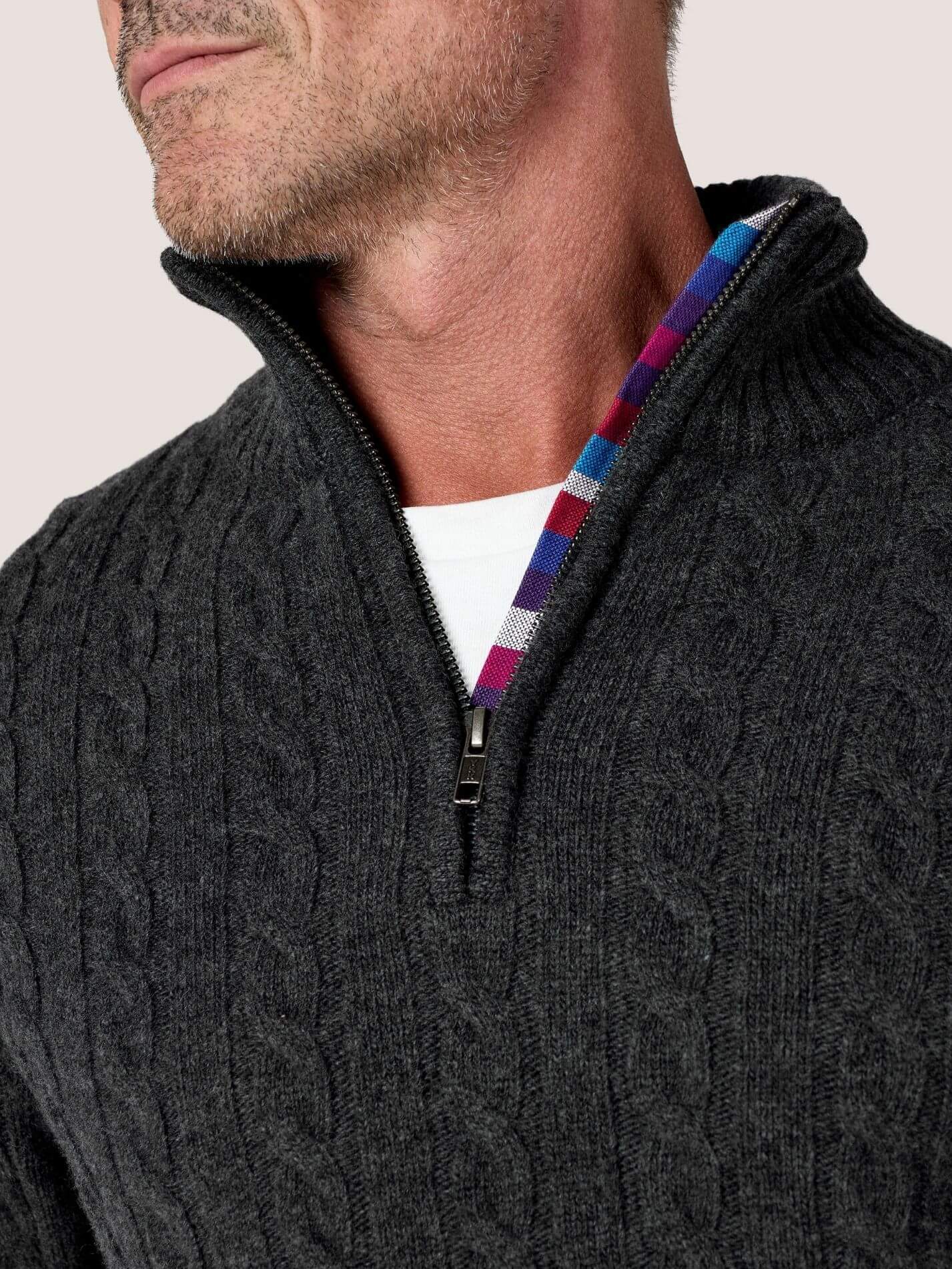 Charcoal cable knit quarter-zip jumper in Merino wool and cashmere, with Kenyan Kikoy trim inside the collar