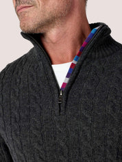 Charcoal cable knit quarter-zip jumper in Merino wool and cashmere, with Kenyan Kikoy trim inside the collar
