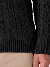Charcoal cable knit quarter-zip jumper in Merino wool and cashmere, with Kenyan Kikoy trim inside the collar