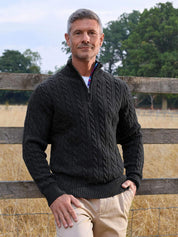 Charcoal cable knit quarter-zip jumper in Merino wool and cashmere, with Kenyan Kikoy trim inside the collar