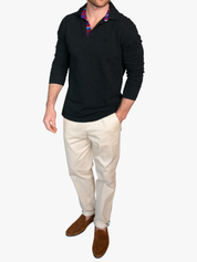 Kugawana Charcoal Long Sleeve Polo Shirt with Kenyan Kikoy Detailing