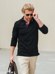 Kugawana Charcoal Long Sleeve Polo Shirt with Kenyan Kikoy Detailing