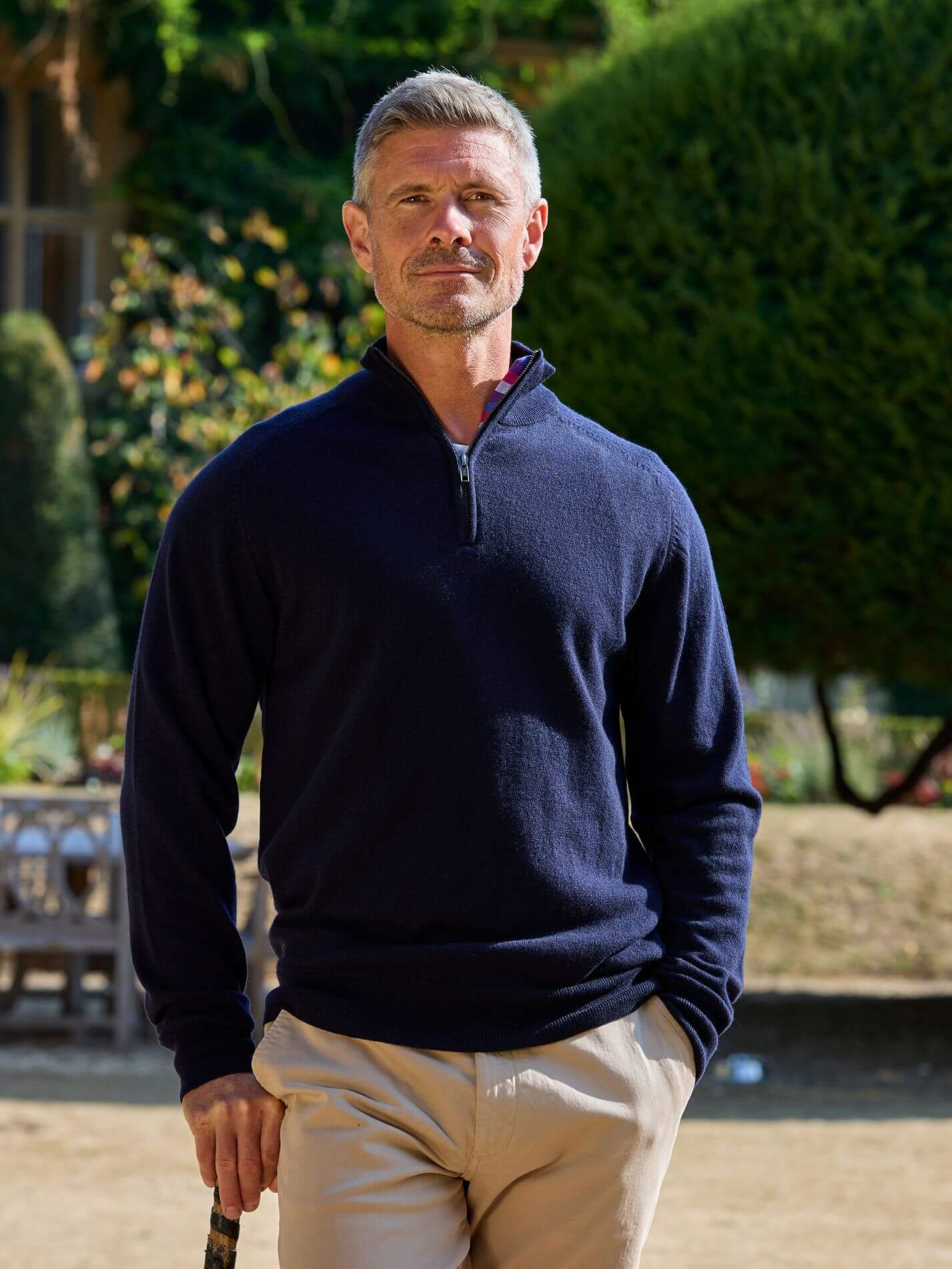 Dark Navy quarter-zip jumper in 100% Merino wool, with Kenyan Kikoy trim inside the collar