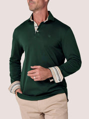 Forest Green long-sleeve Cotton Piqué polo shirt, Kenyan Kikoy trim on the front placket, cuffs and collar