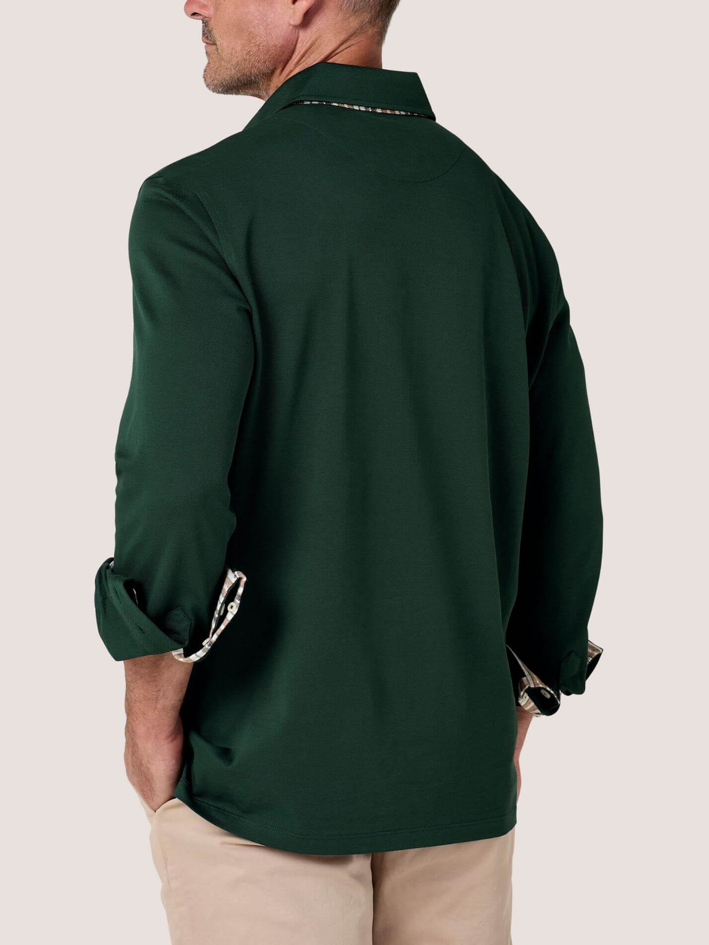 Forest Green long-sleeve Cotton Piqué polo shirt, Kenyan Kikoy trim on the front placket, cuffs and collar