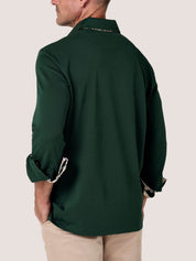 Forest Green long-sleeve Cotton Piqué polo shirt, Kenyan Kikoy trim on the front placket, cuffs and collar