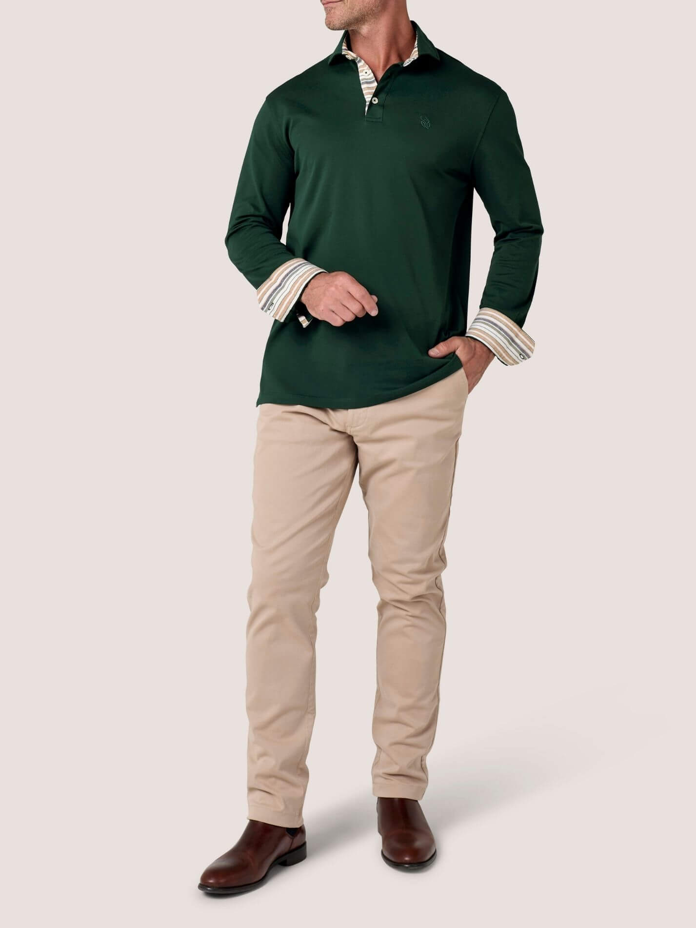 Forest Green long-sleeve Cotton Piqué polo shirt, Kenyan Kikoy trim on the front placket, cuffs and collar