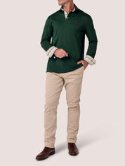 Forest Green long-sleeve Cotton Piqué polo shirt, Kenyan Kikoy trim on the front placket, cuffs and collar