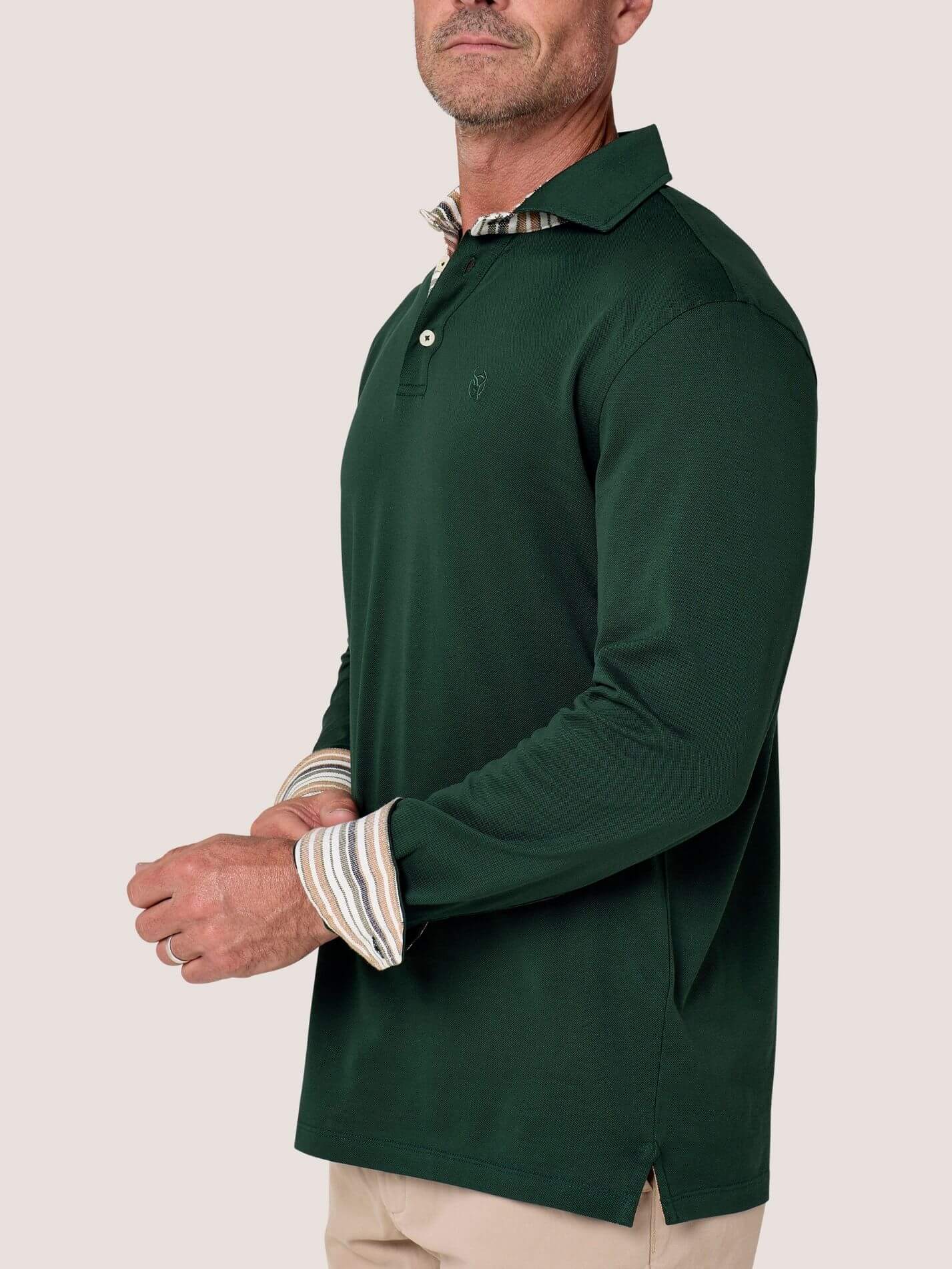 Forest Green long-sleeve Cotton Piqué polo shirt, Kenyan Kikoy trim on the front placket, cuffs and collar