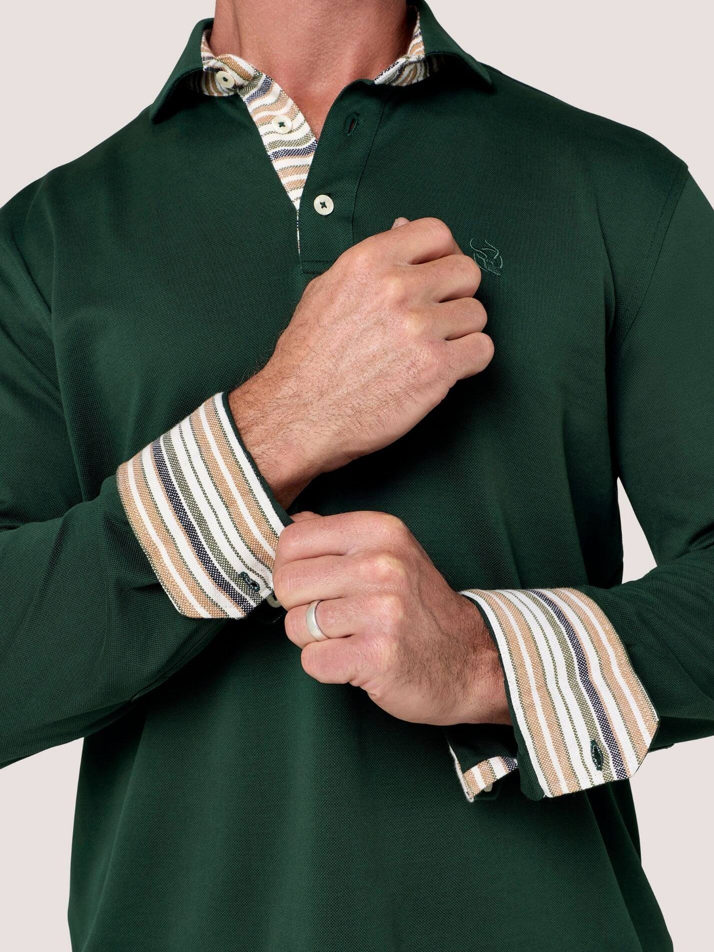 Forest Green long-sleeve Cotton Piqué polo shirt, Kenyan Kikoy trim on the front placket, cuffs and collar