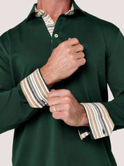 Forest Green long-sleeve Cotton Piqué polo shirt, Kenyan Kikoy trim on the front placket, cuffs and collar