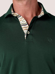 Forest Green long-sleeve Cotton Piqué polo shirt, Kenyan Kikoy trim on the front placket, cuffs and collar