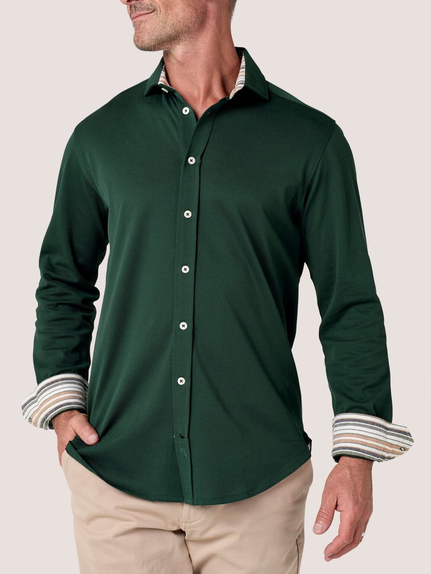 Forest Green Cotton Piqué shirt with cutaway collar, Kenyan Kikoy trim inside the collar, cuffs and side gusset