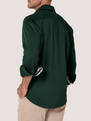 Forest Green Cotton Piqué shirt with cutaway collar, Kenyan Kikoy trim inside the collar, cuffs and side gusset