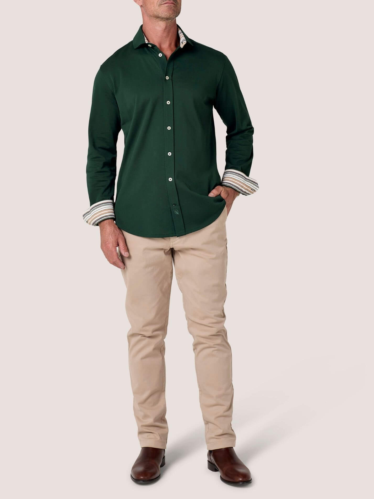 Forest Green Cotton Piqué shirt with cutaway collar, Kenyan Kikoy trim inside the collar, cuffs and side gusset