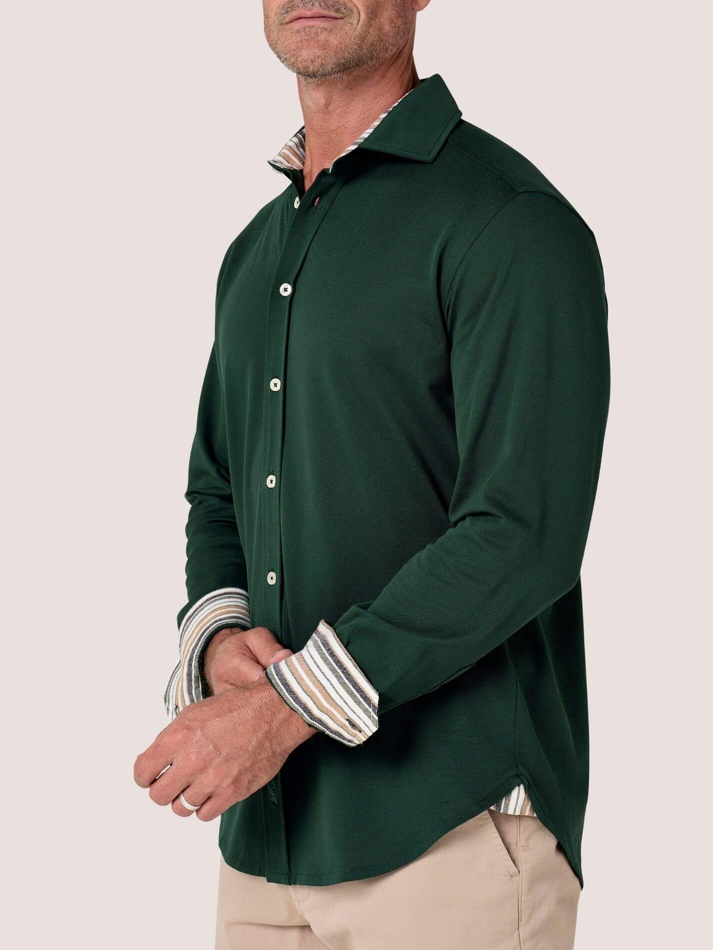 Forest Green Cotton Piqué shirt with cutaway collar, Kenyan Kikoy trim inside the collar, cuffs and side gusset