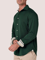 Forest Green Cotton Piqué shirt with cutaway collar, Kenyan Kikoy trim inside the collar, cuffs and side gusset