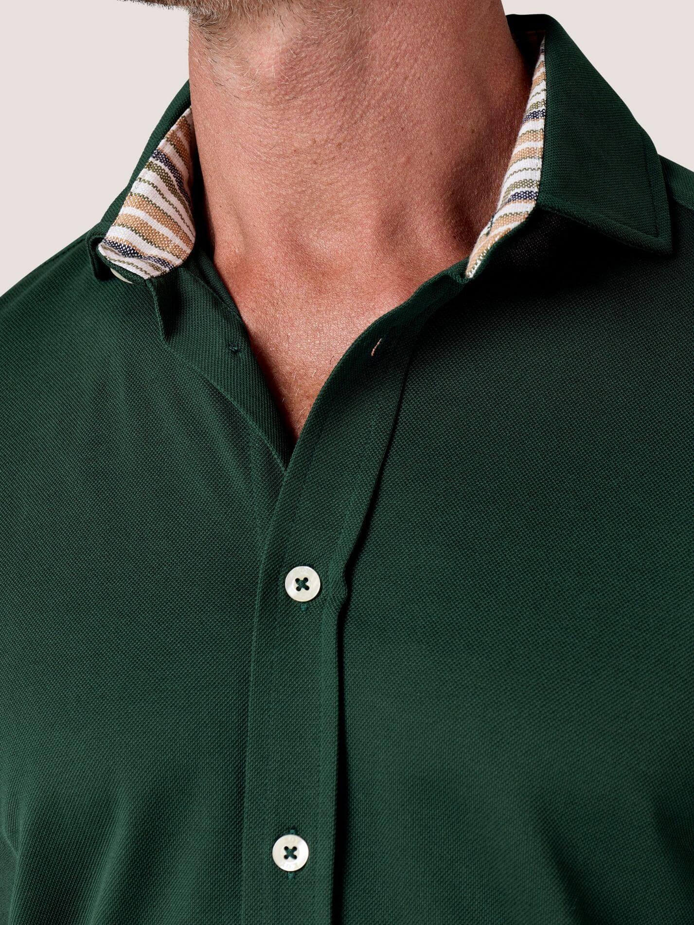 Forest Green Cotton Piqué shirt with cutaway collar, Kenyan Kikoy trim inside the collar, cuffs and side gusset