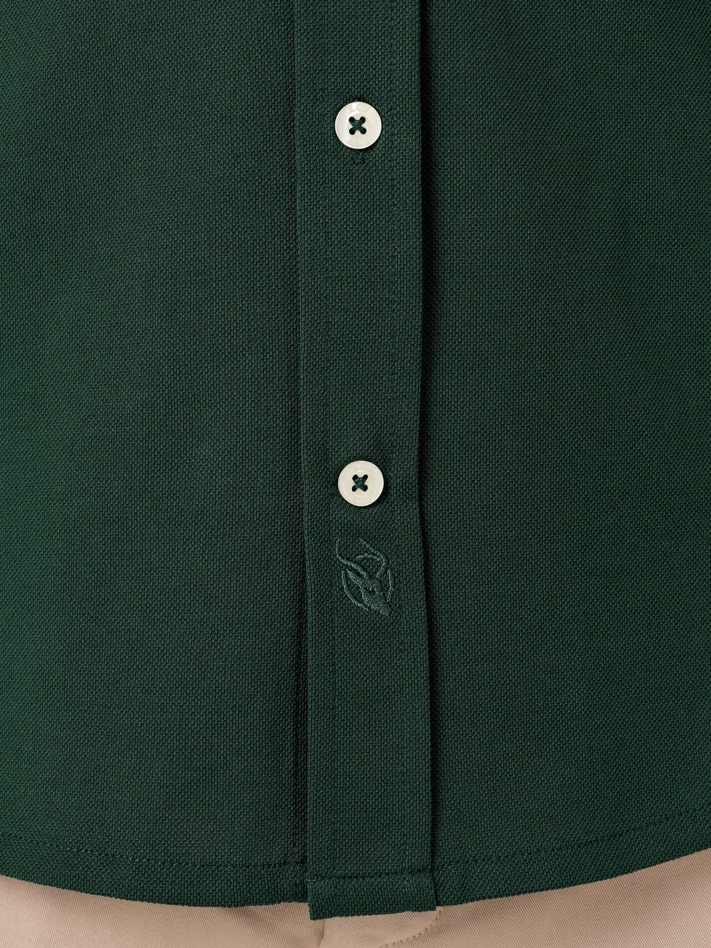 Forest Green Cotton Piqué shirt with cutaway collar, Kenyan Kikoy trim inside the collar, cuffs and side gusset