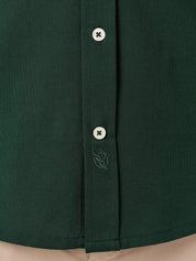 Forest Green Cotton Piqué shirt with cutaway collar, Kenyan Kikoy trim inside the collar, cuffs and side gusset