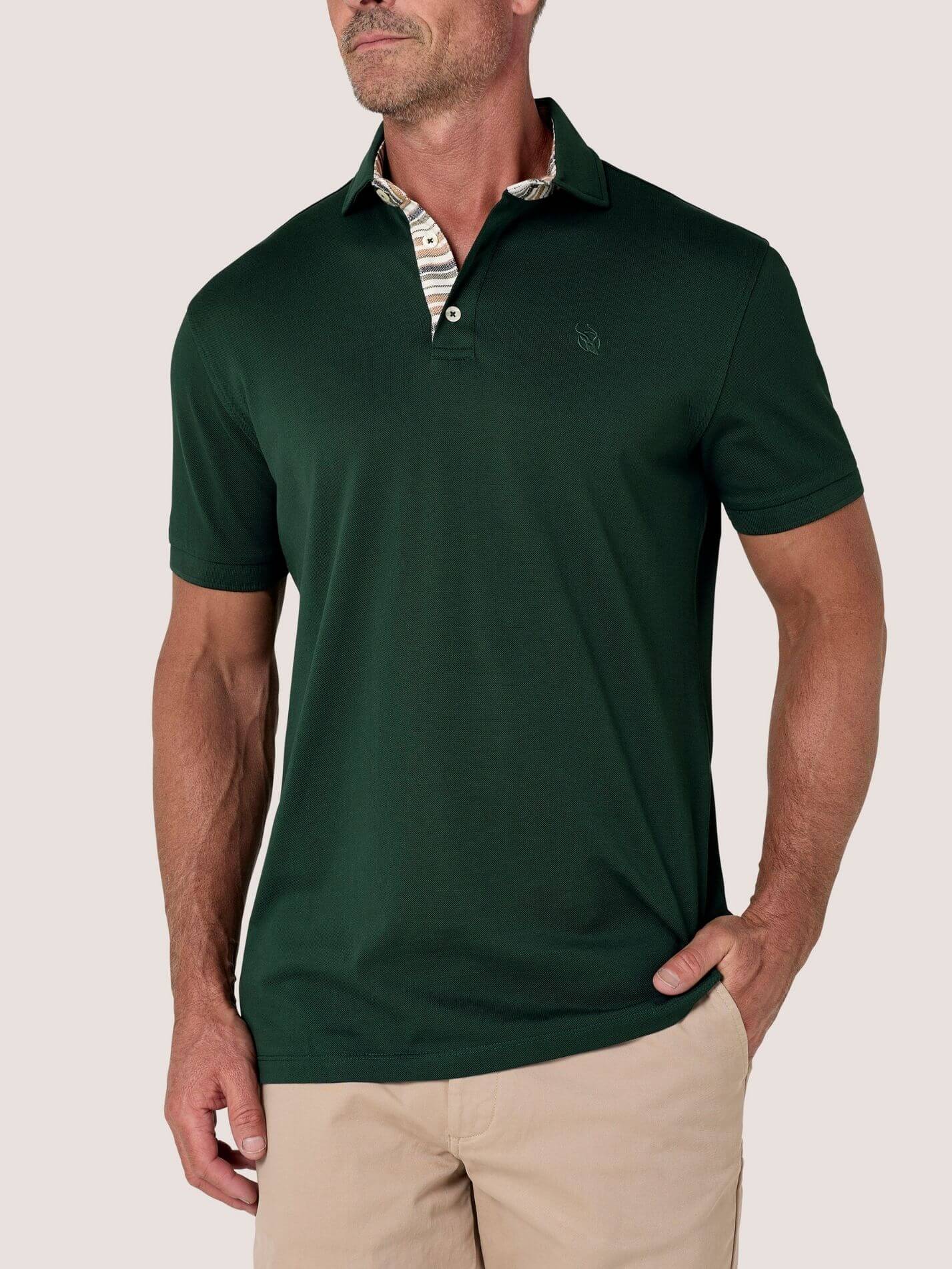Forest Green short-sleeve Cotton Piqué polo shirt, Kenyan Kikoy trim on the front placket and collar