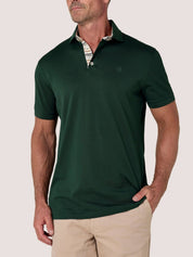 Forest Green short-sleeve Cotton Piqué polo shirt, Kenyan Kikoy trim on the front placket and collar