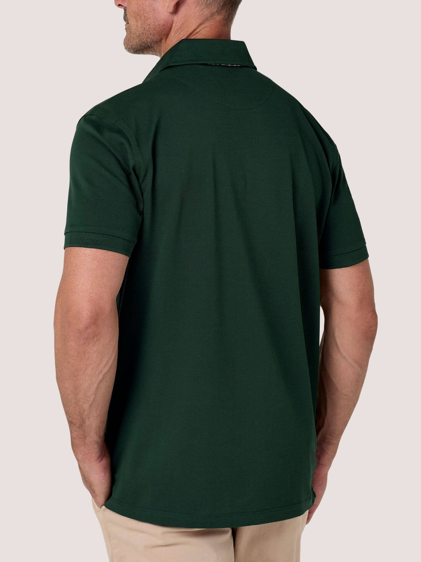 Forest Green short-sleeve Cotton Piqué polo shirt, Kenyan Kikoy trim on the front placket and collar