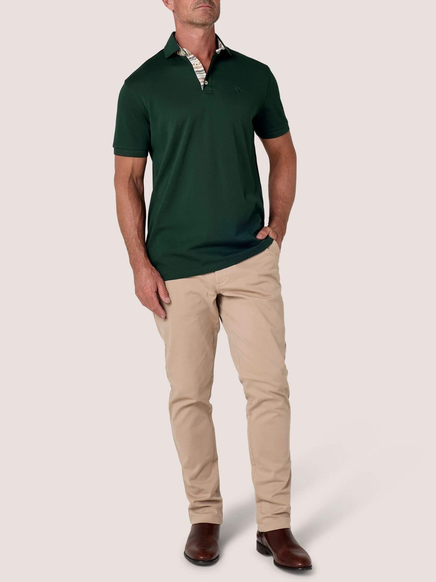 Forest Green short-sleeve Cotton Piqué polo shirt, Kenyan Kikoy trim on the front placket and collar
