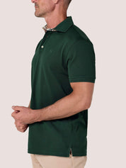 Forest Green short-sleeve Cotton Piqué polo shirt, Kenyan Kikoy trim on the front placket and collar