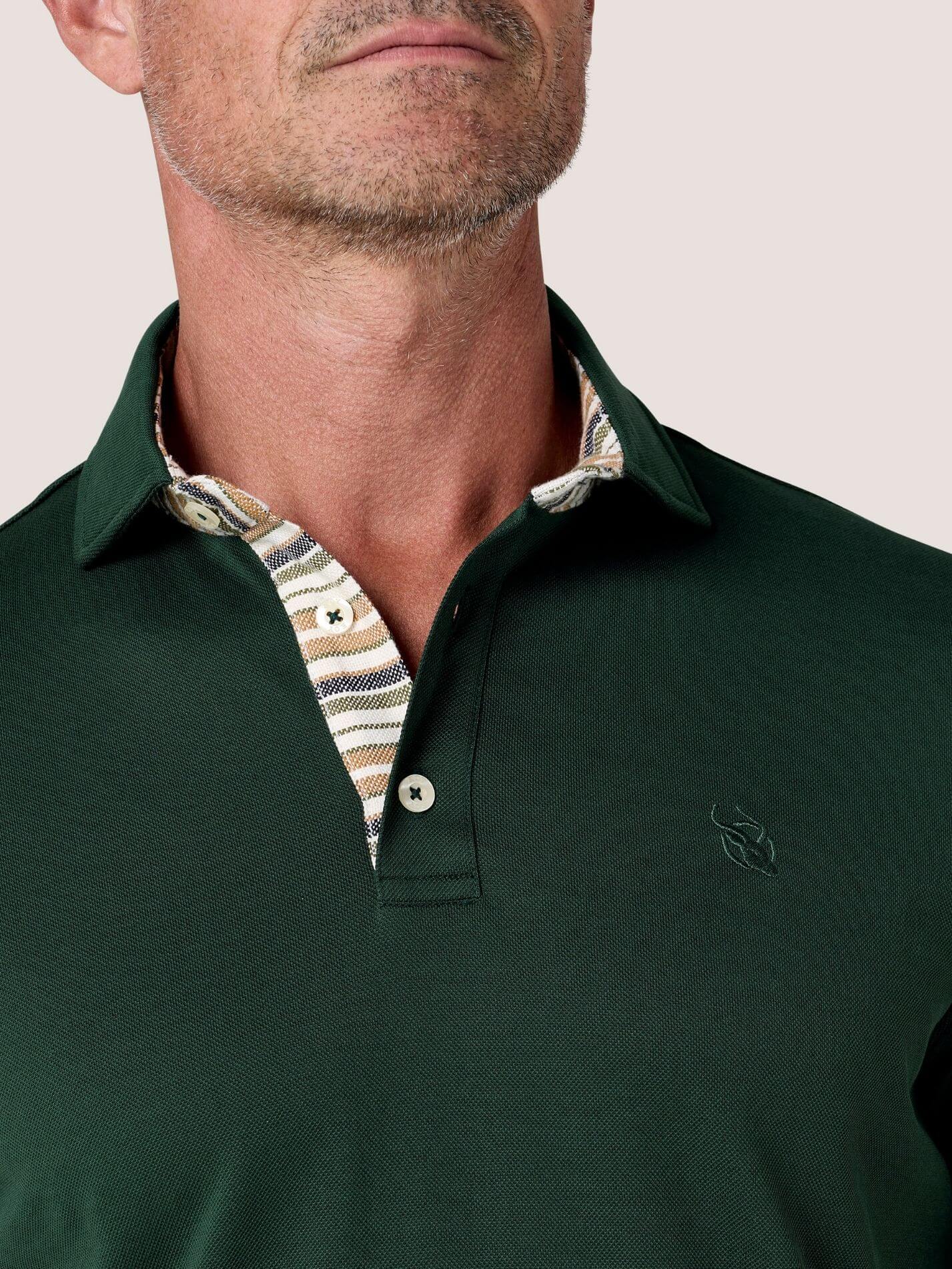 Forest Green short-sleeve Cotton Piqué polo shirt, Kenyan Kikoy trim on the front placket and collar