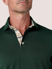 Forest Green short-sleeve Cotton Piqué polo shirt, Kenyan Kikoy trim on the front placket and collar