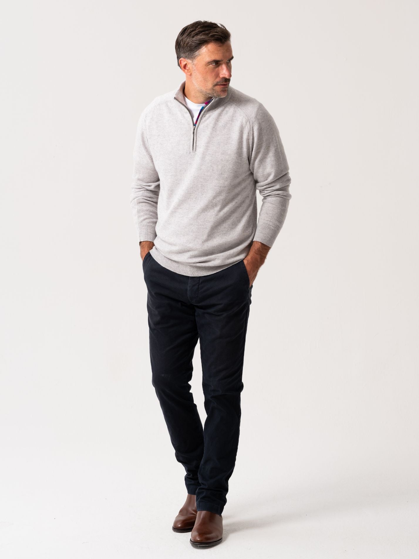 Wool & Cashmere blend Grey Quarter Zip Jumper with African fabric detail 