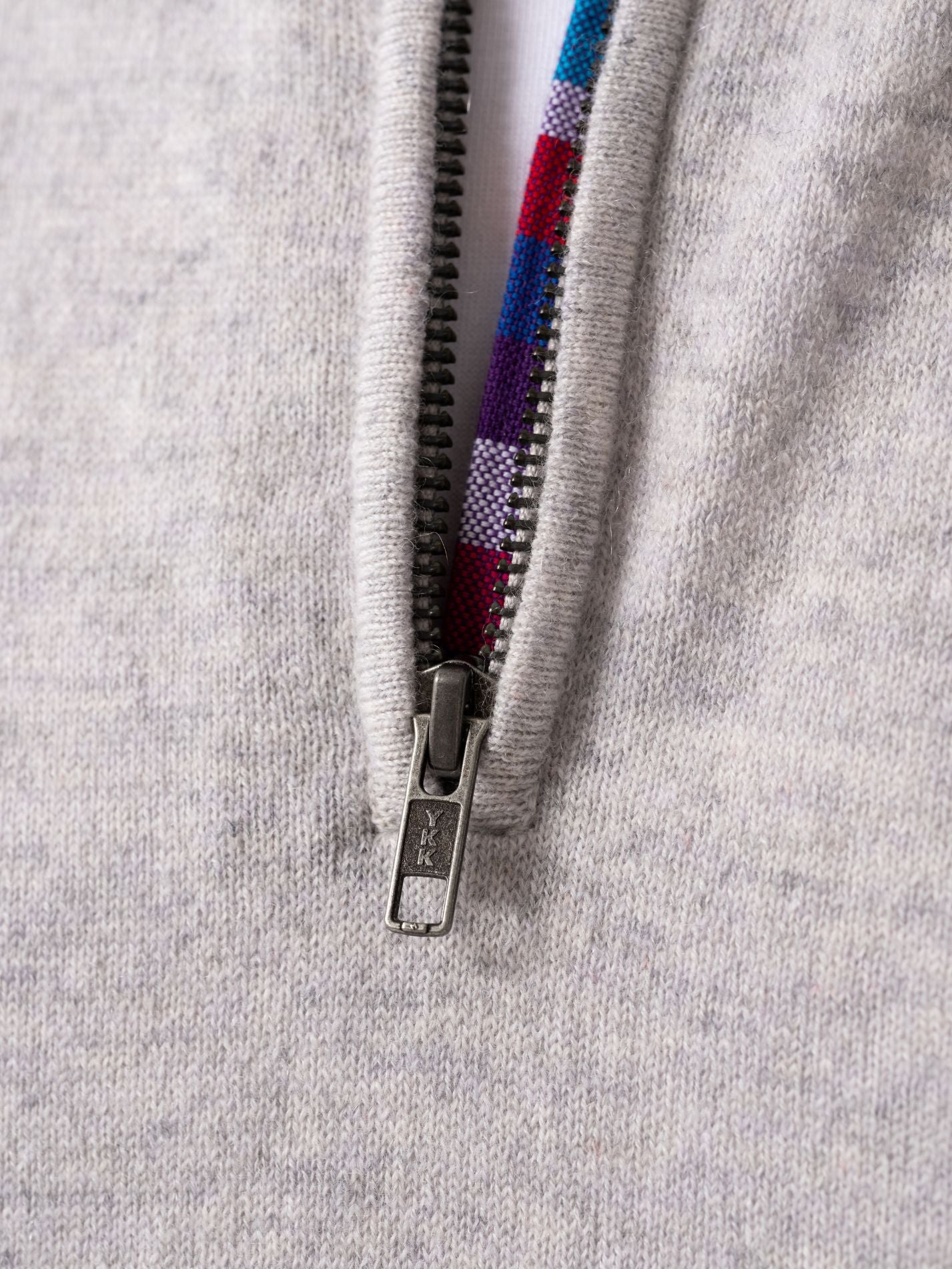 Wool & Cashmere blend Grey Quarter Zip Jumper with African fabric detail 
