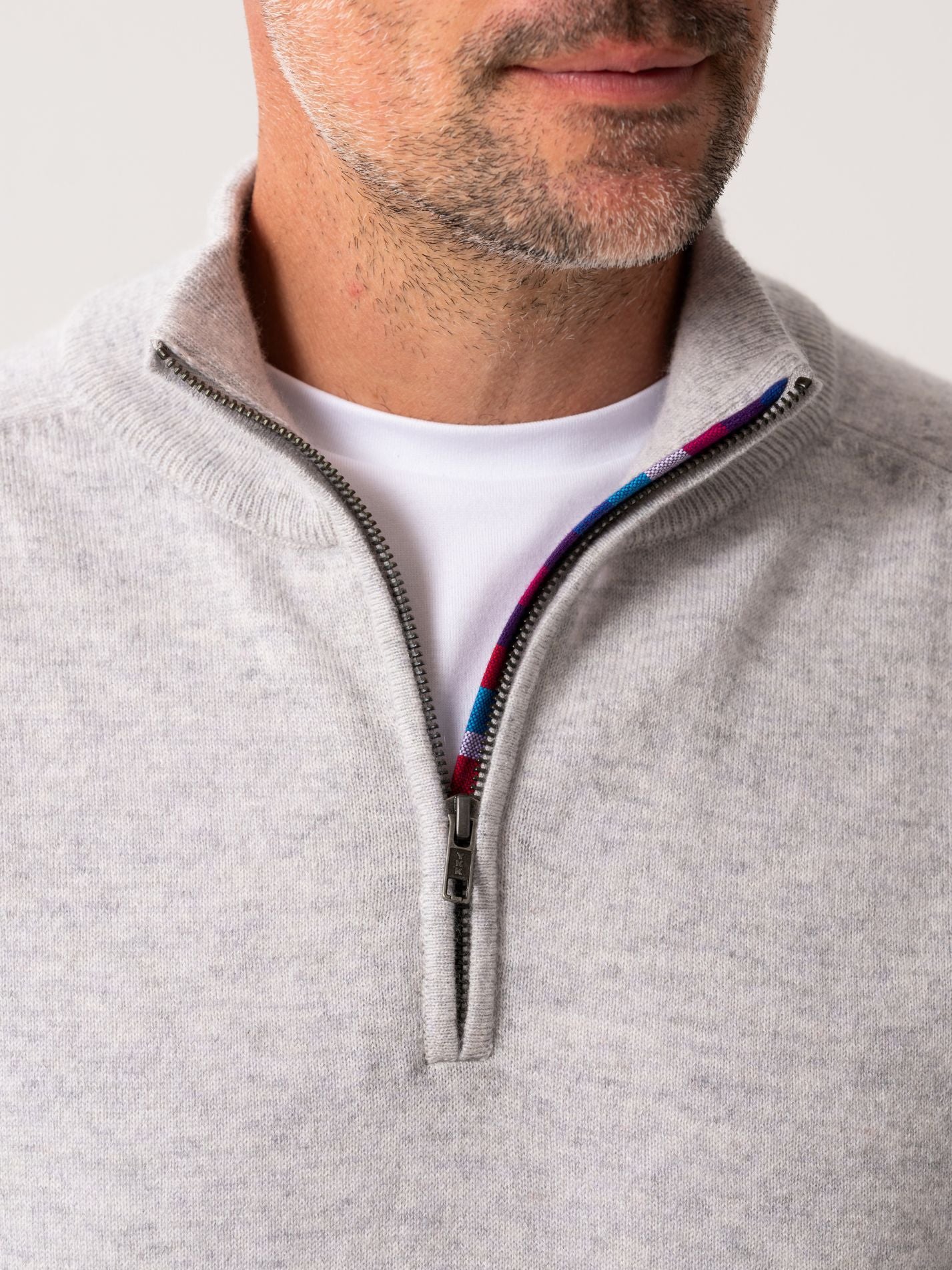 Wool & Cashmere blend Grey Quarter Zip Jumper with African fabric detail 