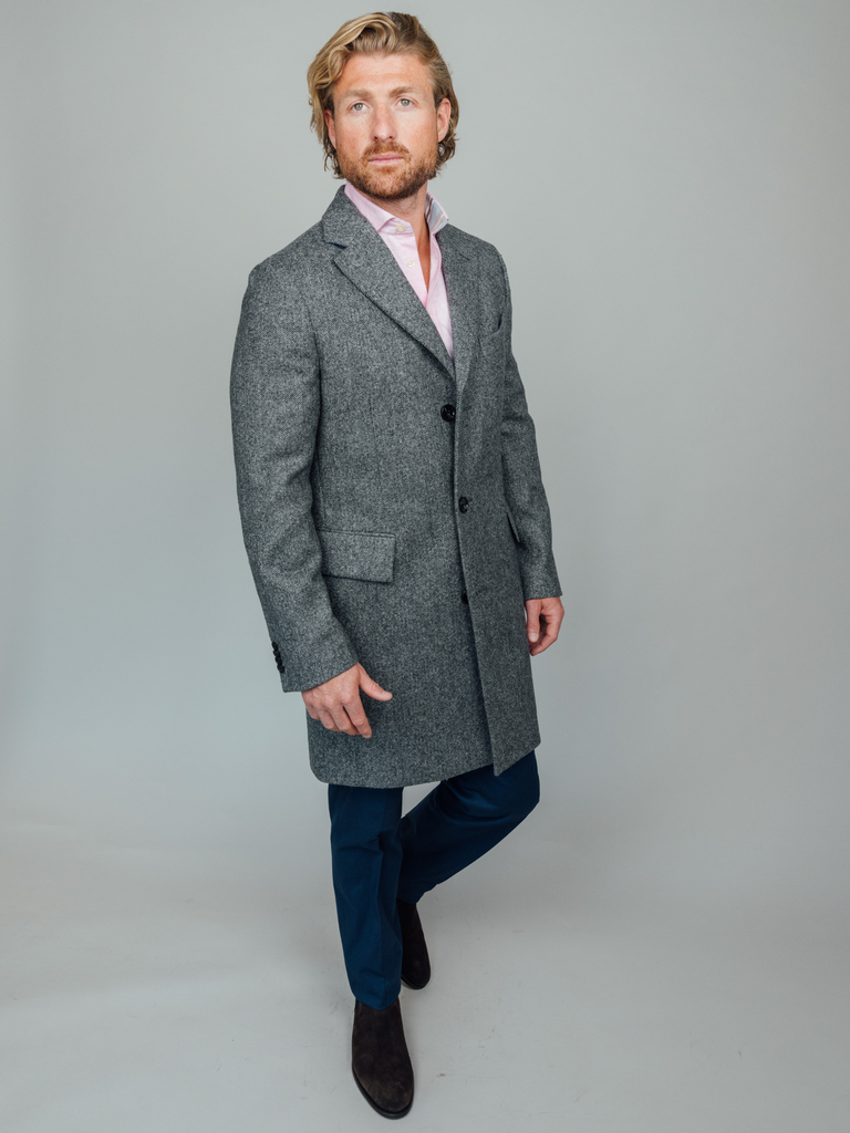 Men s Charcoal British Wool Herringbone Overcoat Koy Clothing