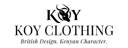 Koy Clothing logo with text 'British Design. Kenyan Character.' on a white background