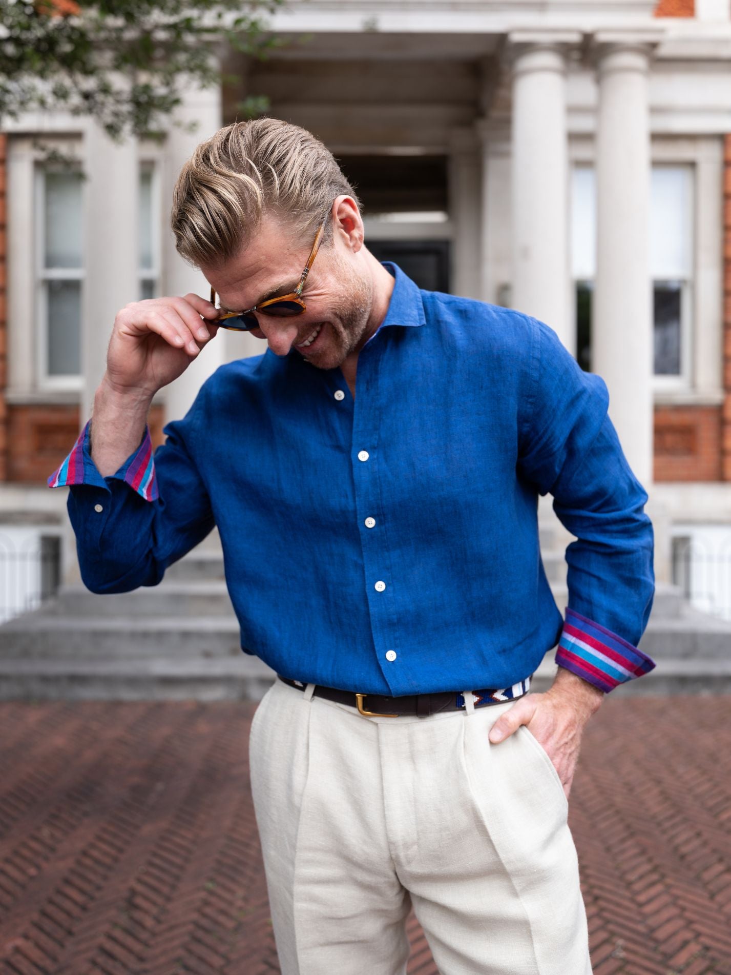 Royal Blue Linen Shirt - Cutaway Collar