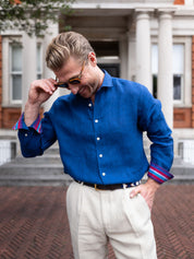 Royal Blue Linen Shirt - Cutaway Collar