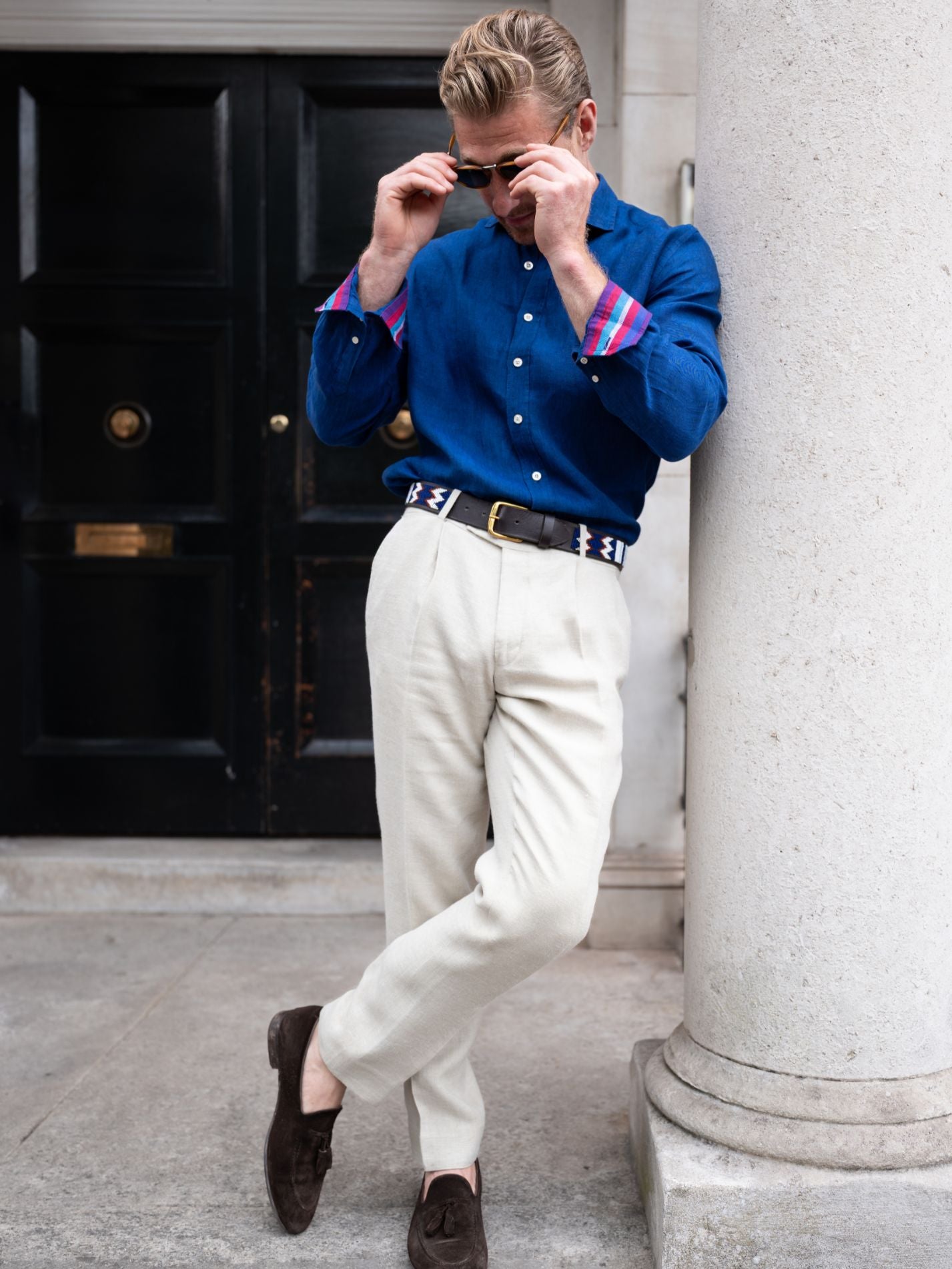 Royal Blue Linen Shirt - Cutaway Collar