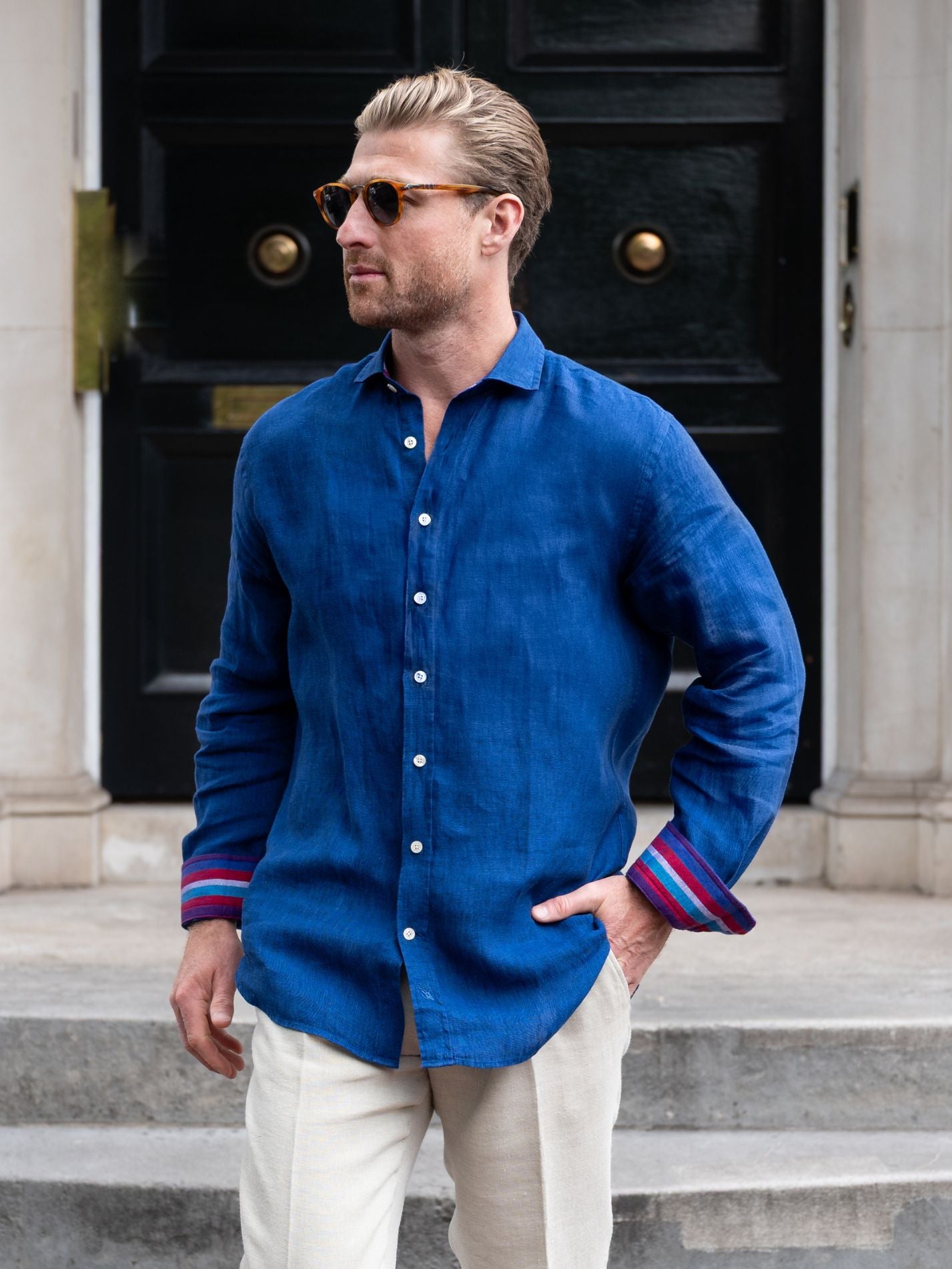 Royal Blue Linen Shirt - Cutaway Collar