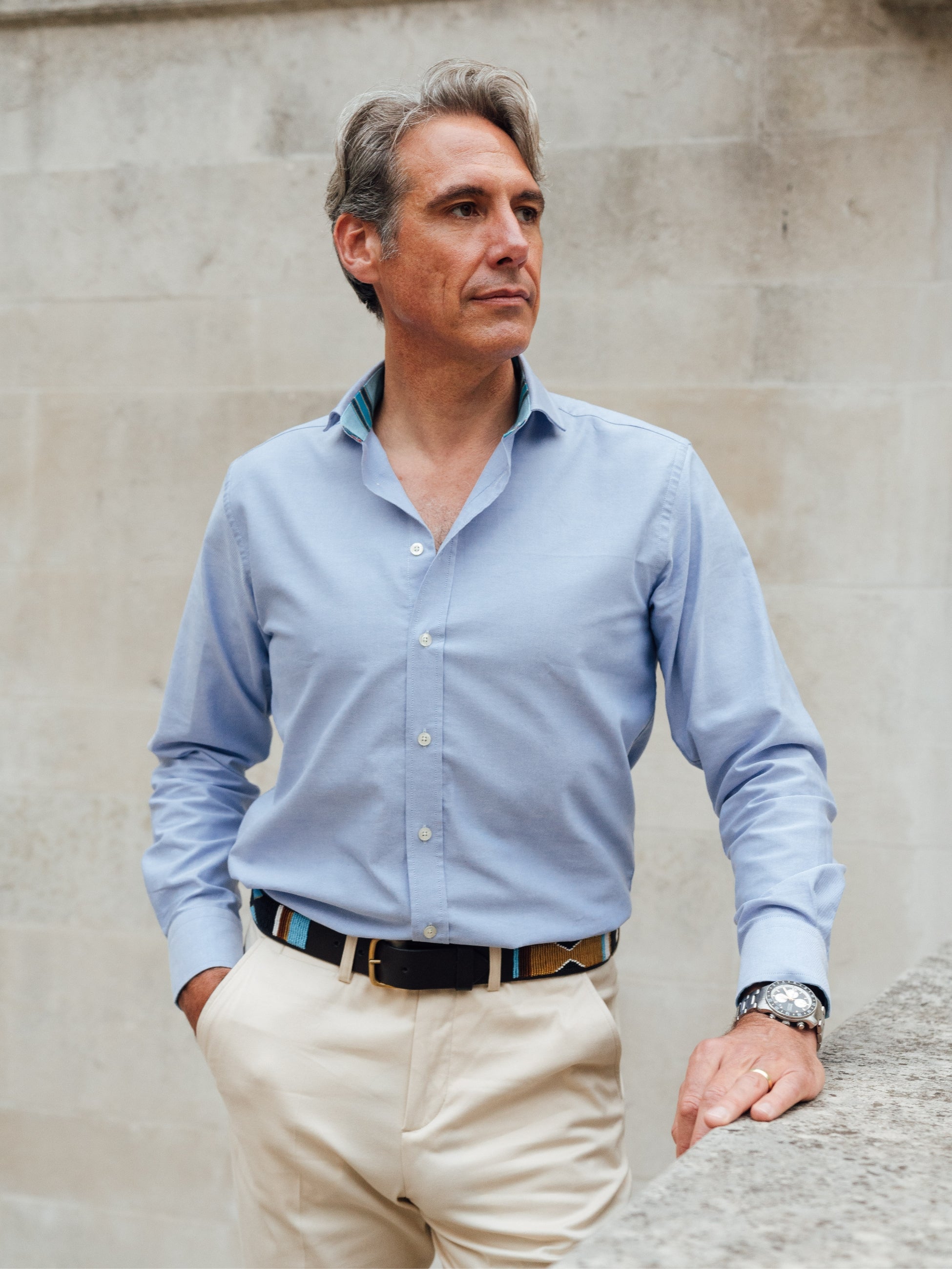 Mens Light Blue Oxford shirt made from organic cotton with colourful trim 