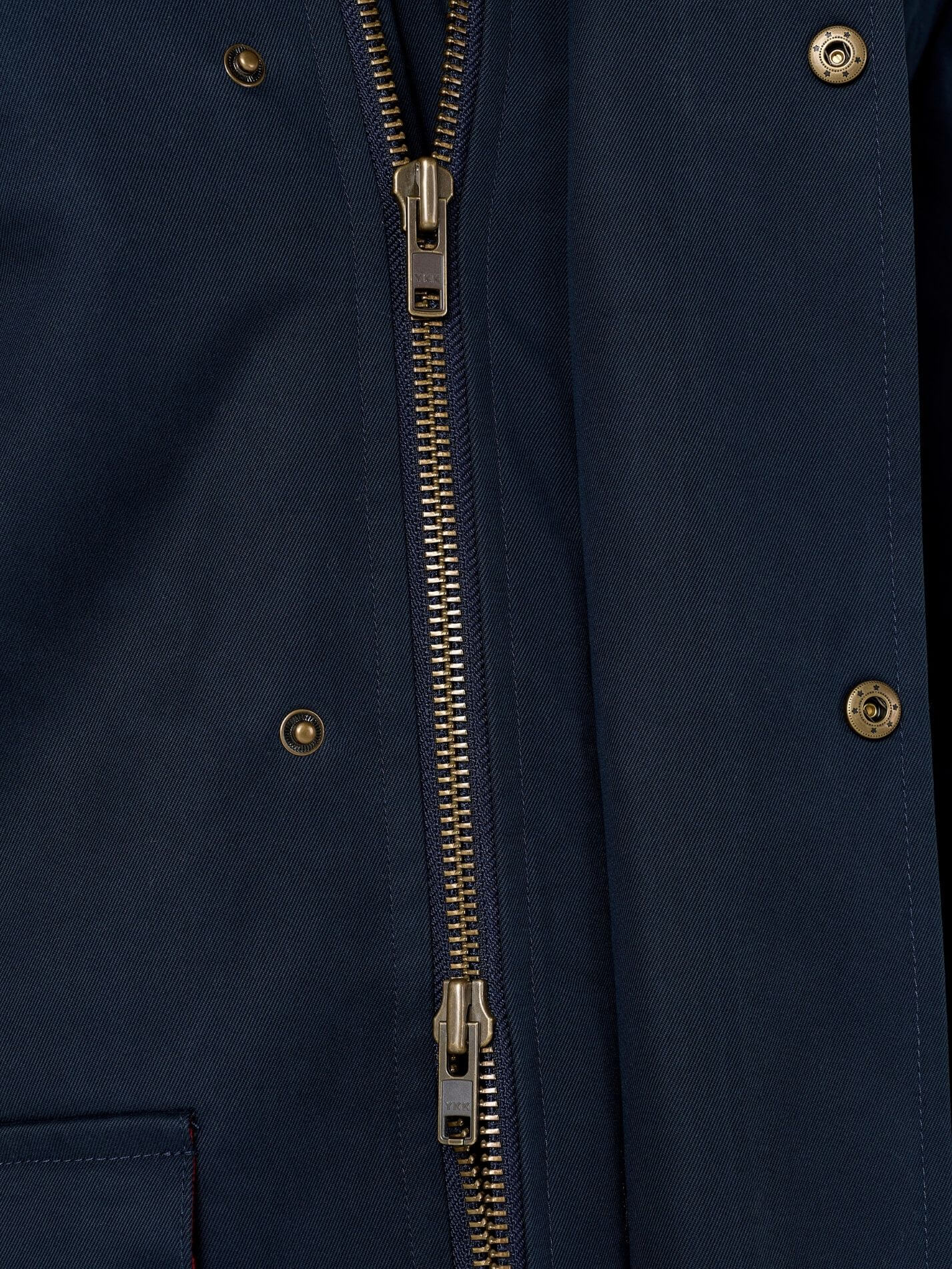 Close-up of a navy blue jacket with a central brass double-zipper and matching brass snap buttons.