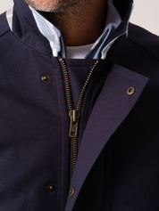Mens navy outerwear coat with strong YKK zip and metal press-stud buttons