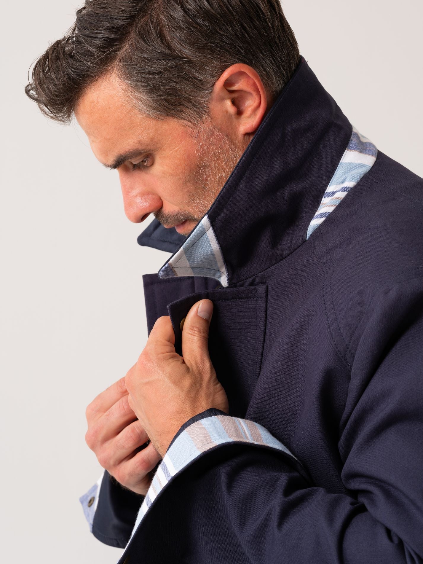 Mens navy outerwear coat with African fabric detail
