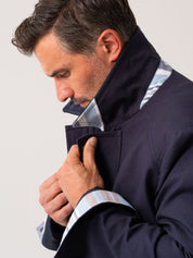 Mens navy outerwear coat with African fabric detail