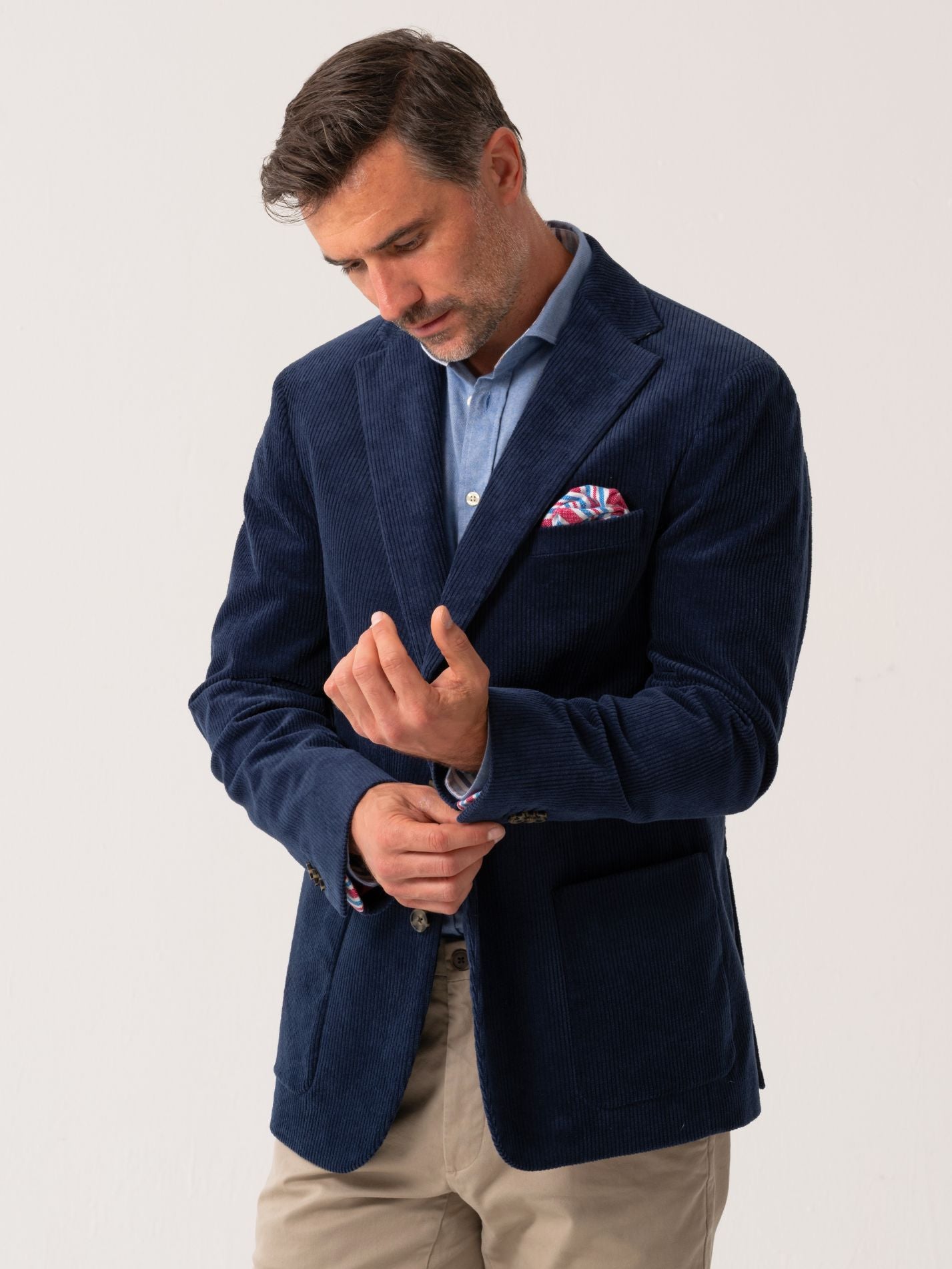Mens Navy Corduroy Blazer with colourful details - front view 