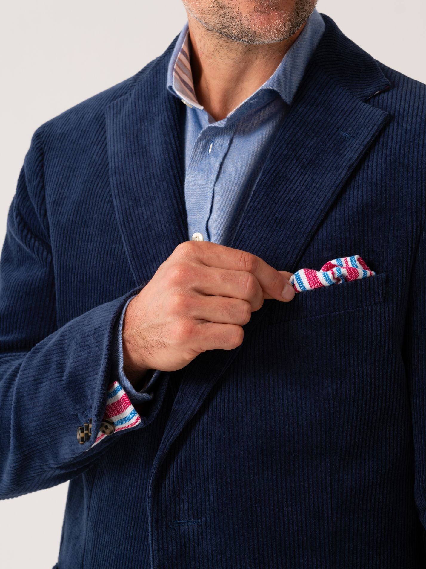 Mens Navy Corduroy Blazer with notch lapel and pocket square detail