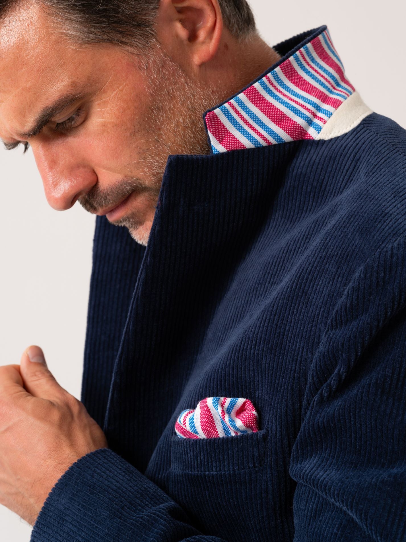 Mens Navy Corduroy Blazer with colourful details - collar & pocket square detail