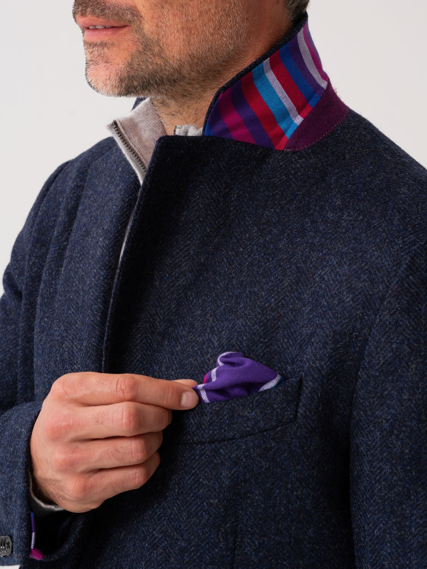 Close-up of notch lapel on navy wool overcoat